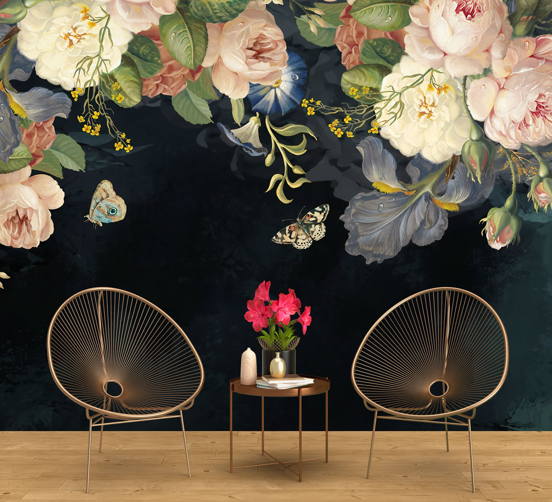 Dark Rose and Butterfly Wallpaper : Moody Floral Mural