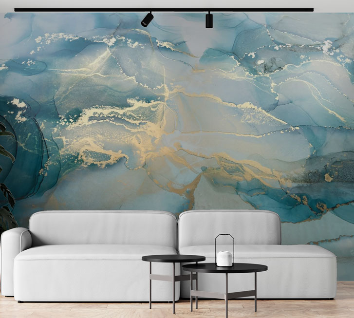 Aqua Gold Marble Wallpaper : Light Blue Ink Mural - View 2