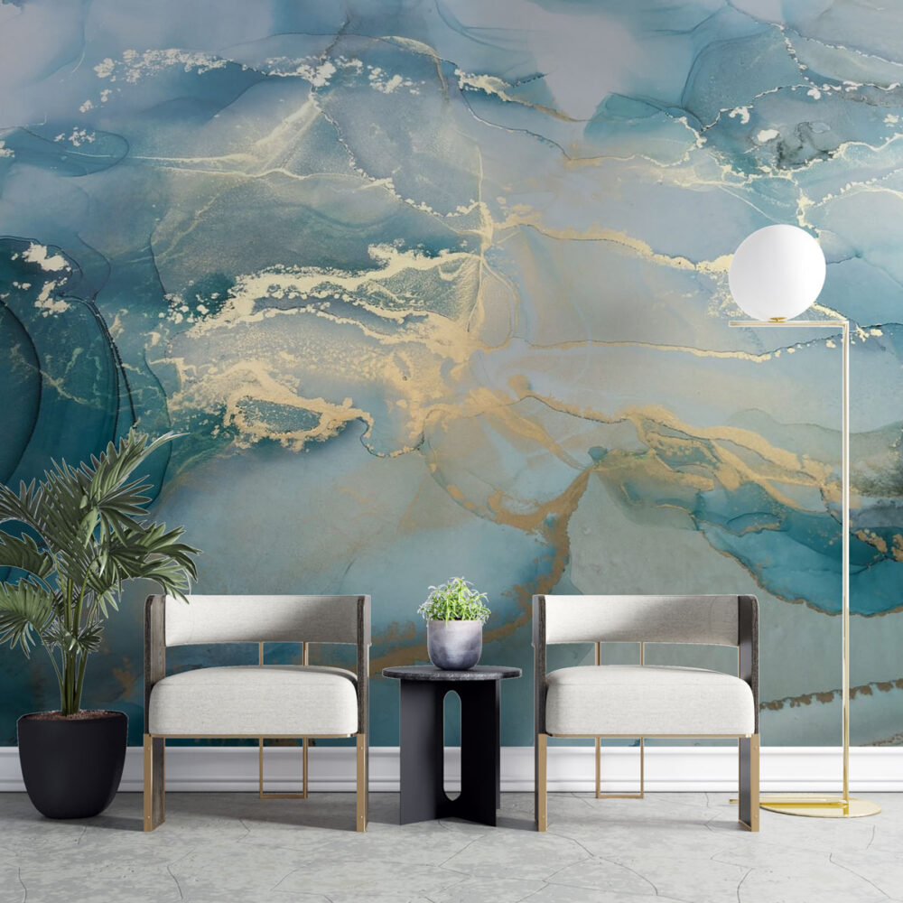 Aqua Gold Marble Wallpaper : Light Blue Ink Mural