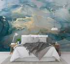 Aqua Gold Marble Wallpaper : Light Blue Ink Mural - View 3