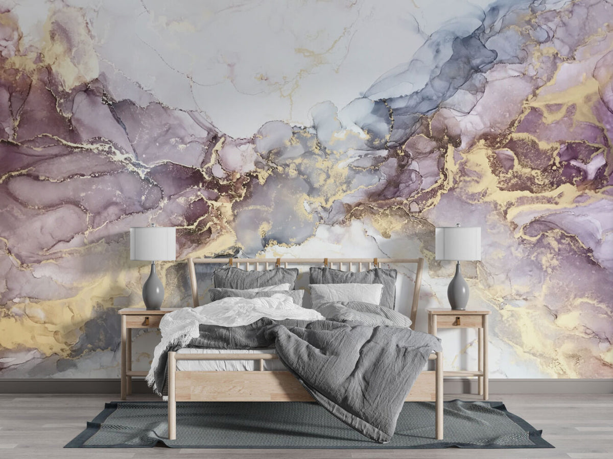 Lilac Gold Ink Wallpaper : Soft Marble Swirl Mural
