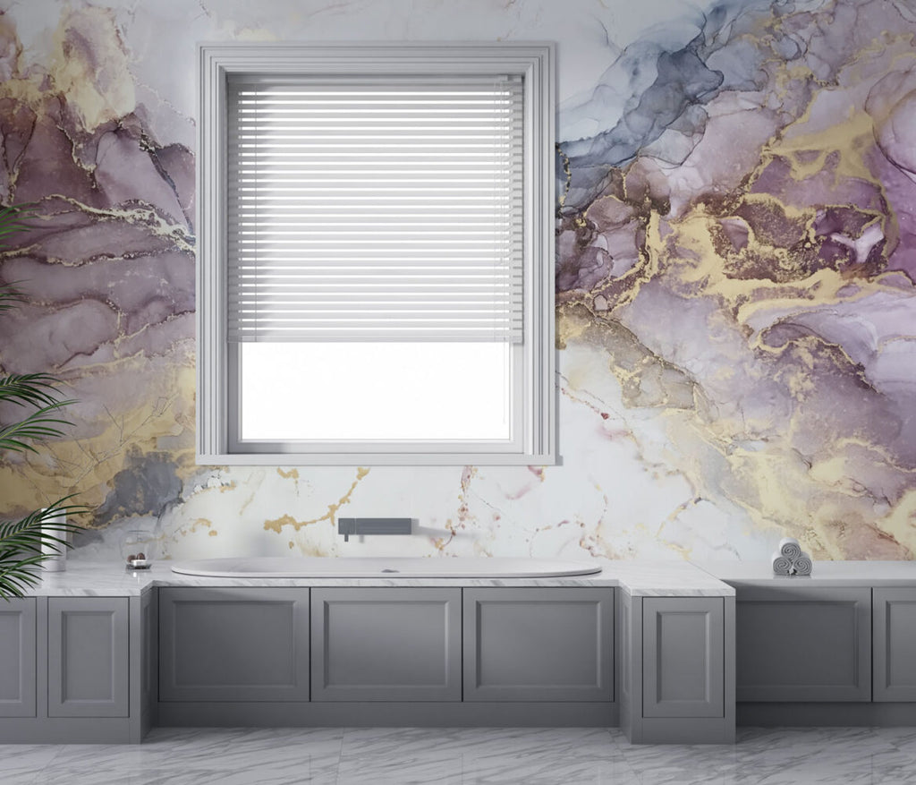 Lilac Gold Ink Wallpaper : Soft Marble Swirl Mural - View 2