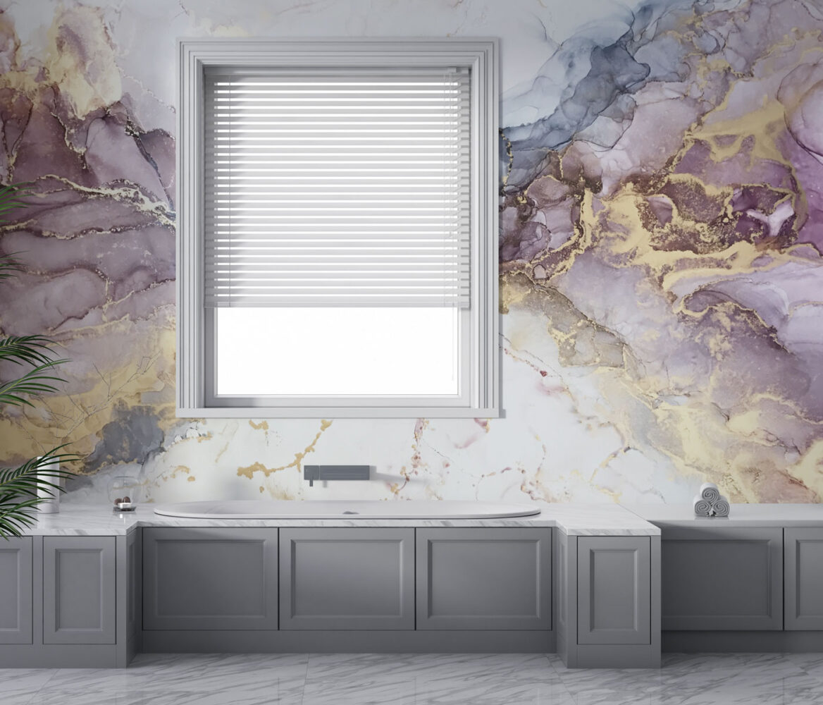 Lilac Gold Ink Wallpaper : Soft Marble Swirl Mural - View 2