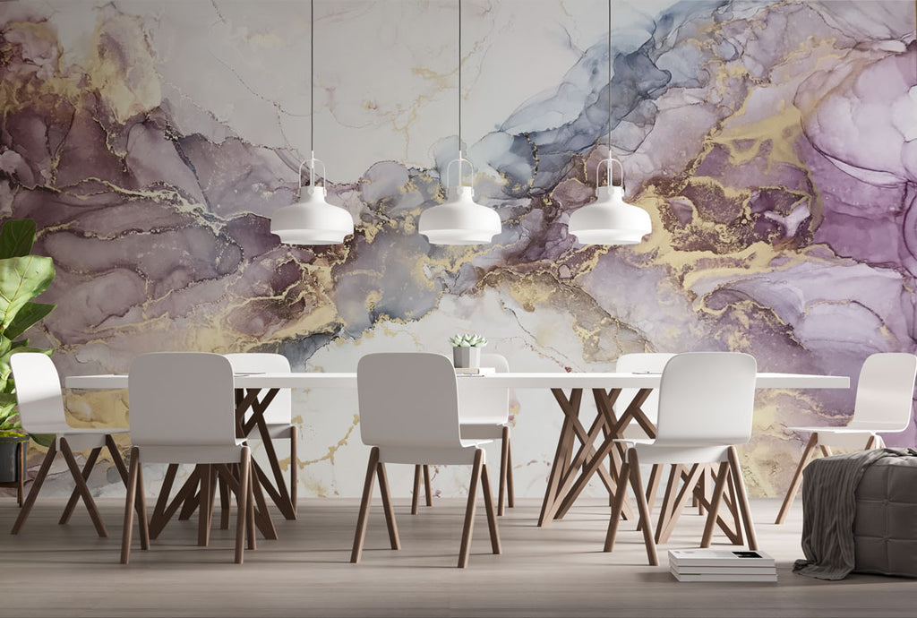 Lilac Gold Ink Wallpaper : Soft Marble Swirl Mural - View 3
