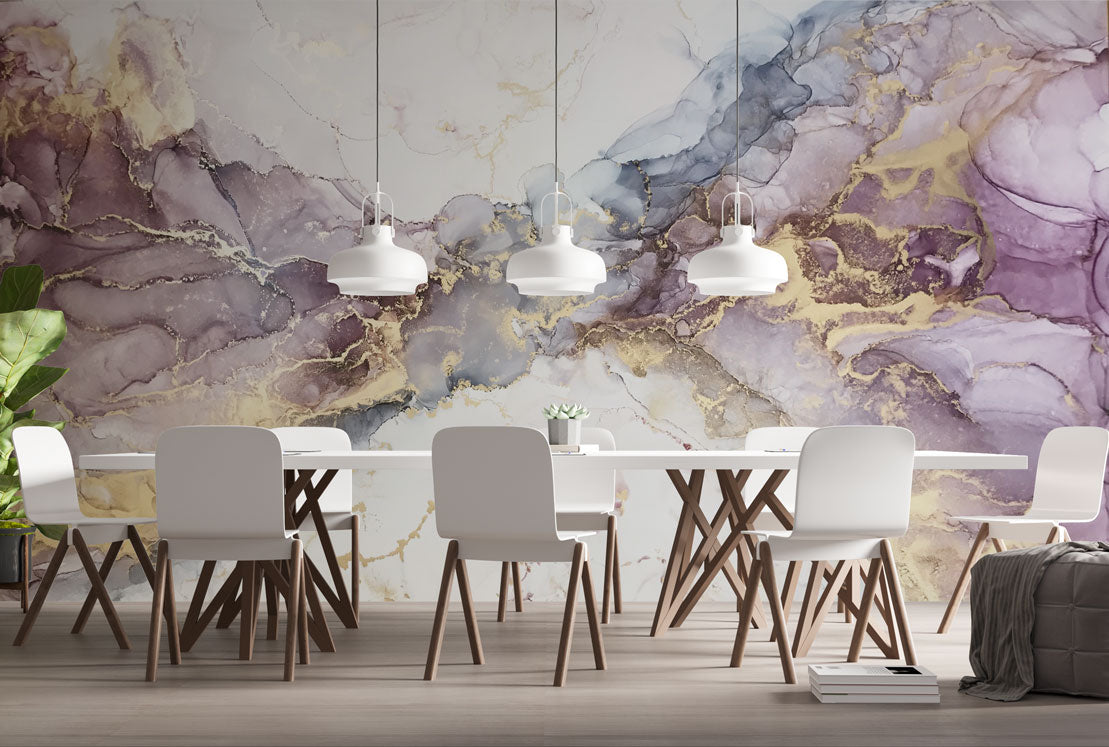 Lilac Gold Ink Wallpaper : Soft Marble Swirl Mural - View 3