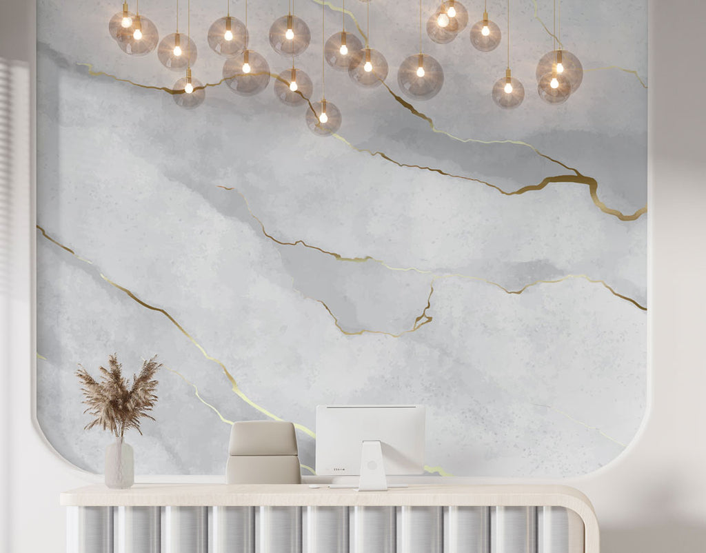 Grey Marble Gold Line Wallpaper : Embossed Stone Effect Mural - View 2