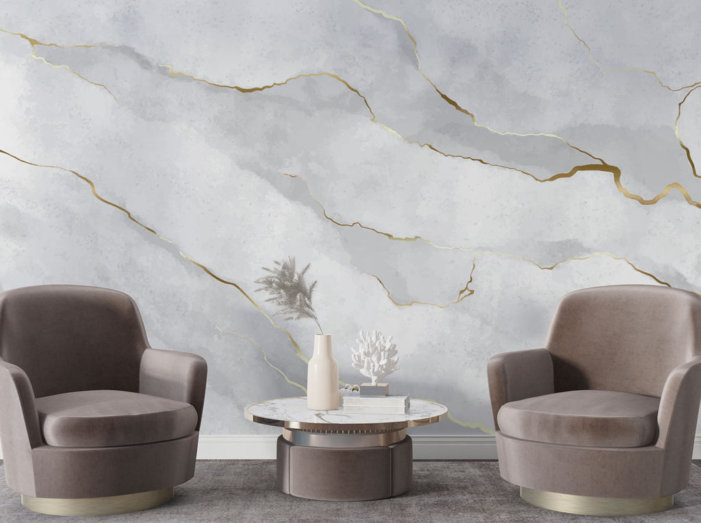 Grey Marble Gold Line Wallpaper : Embossed Stone Effect Mural - View 3