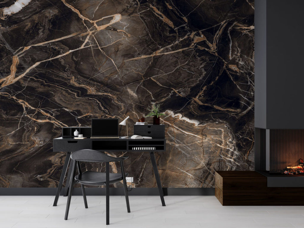 Dark Brown Marble Wallpaper : Gold Vein Stone Mural - View 2