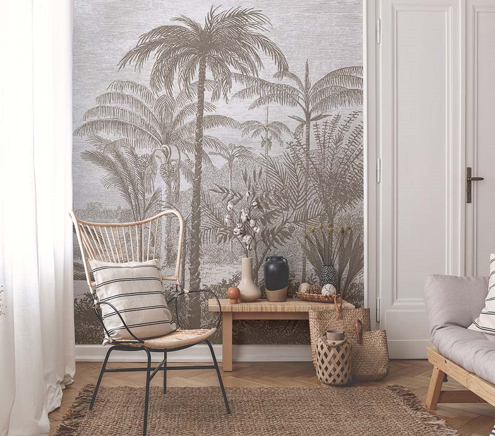 Sepia Tropical Engraving Wallpaper : Line Art Jungle Mural