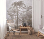 Sepia Tropical Engraving Wallpaper : Line Art Jungle Mural