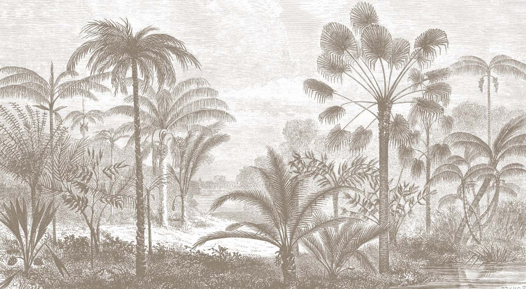 Sepia Tropical Engraving Wallpaper : Line Art Jungle Mural - flat design