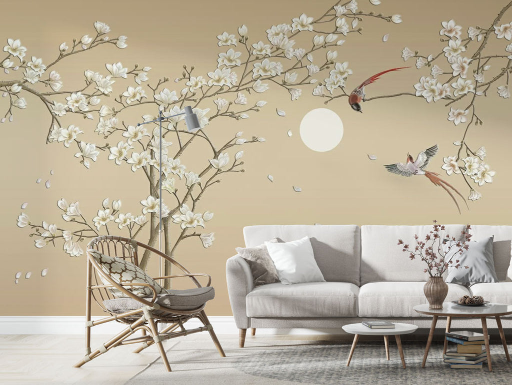 Magnolia Moon Wallpaper : Beige Branch and Full Moon Mural - View 2