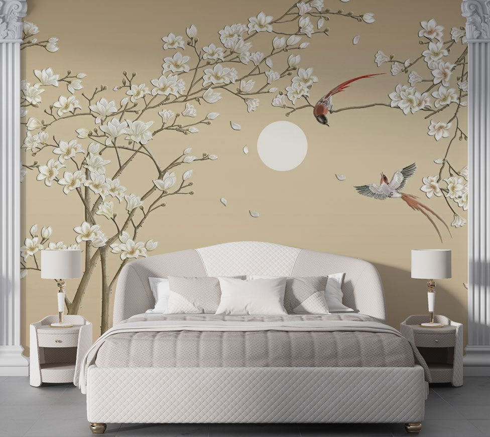 Magnolia Moon Wallpaper : Beige Branch and Full Moon Mural - View 3