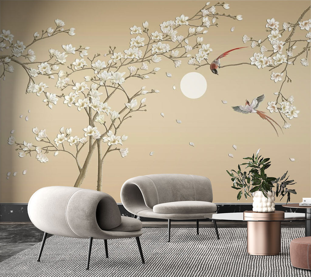 Magnolia Moon Wallpaper : Beige Branch and Full Moon Mural