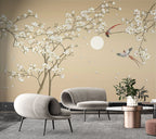 Magnolia Moon Wallpaper : Beige Branch and Full Moon Mural