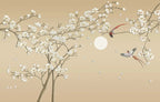 Magnolia Moon Wallpaper : Beige Branch and Full Moon Mural - flat design