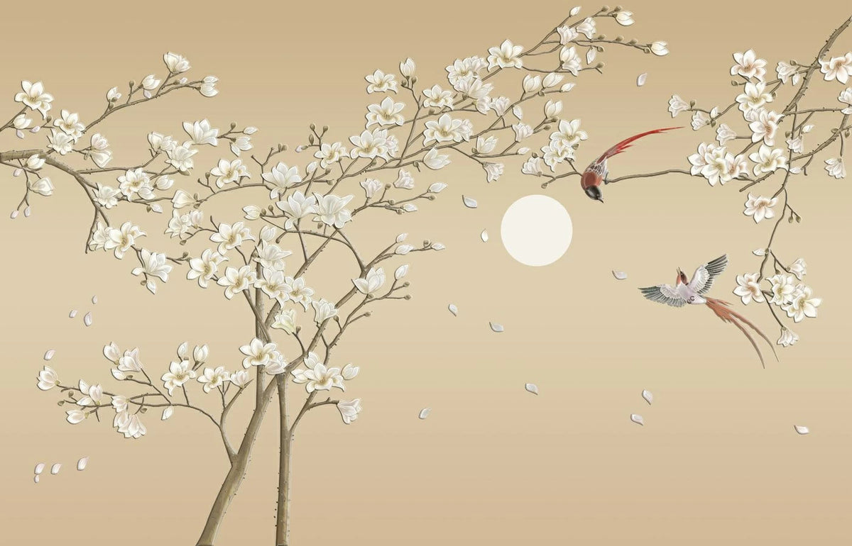 Magnolia Moon Wallpaper : Beige Branch and Full Moon Mural - flat design