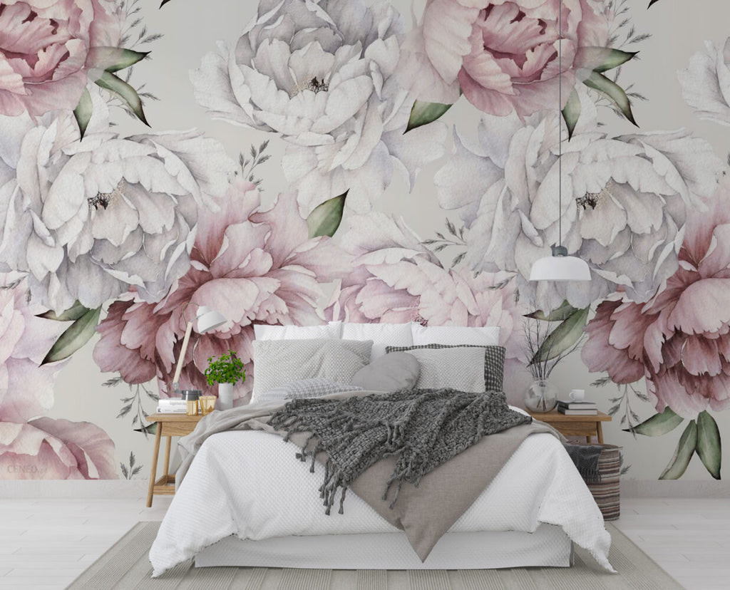 Pink and White Peony Wallpaper : Soft Watercolor Floral Mural - View 2