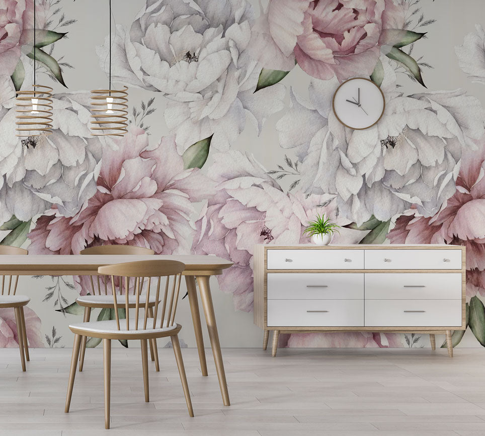 Pink and White Peony Wallpaper : Soft Watercolor Floral Mural - View 3