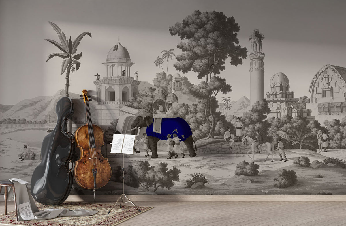 Royal Elephant Toile Wallpaper : Grey Palace Procession Mural