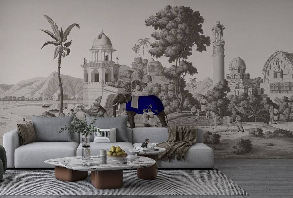 Royal Elephant Toile Wallpaper : Grey Palace Procession Mural - View 2