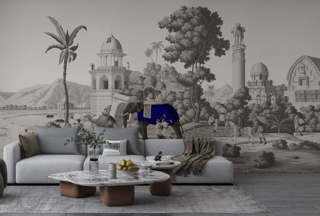 Royal Elephant Toile Wallpaper : Grey Palace Procession Mural - View 2