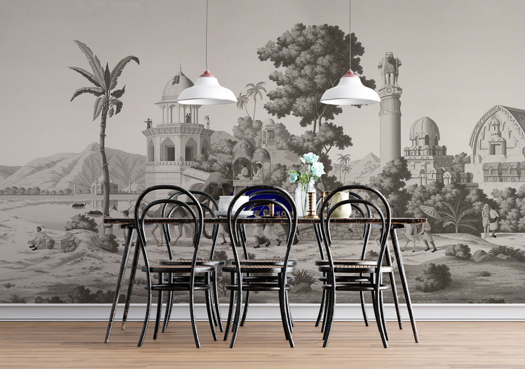 Royal Elephant Toile Wallpaper : Grey Palace Procession Mural - View 3