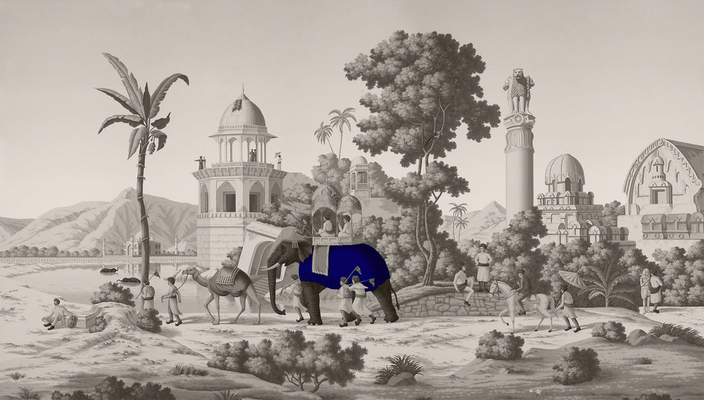 Royal Elephant Toile Wallpaper : Grey Palace Procession Mural - flat design