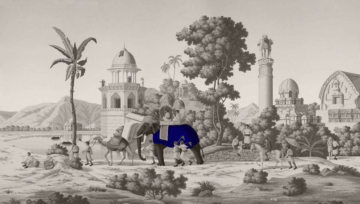 Royal Elephant Toile Wallpaper : Grey Palace Procession Mural - flat design
