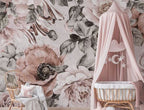 Textured Rose Wallpaper : Blush and Grey Floral Mural - View 2