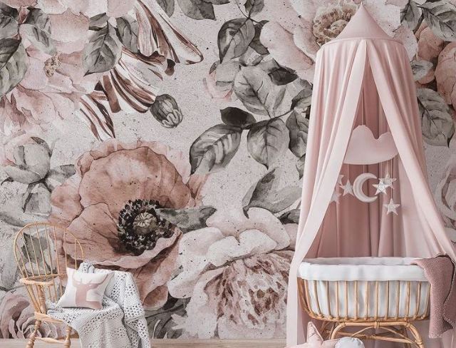 Textured Rose Wallpaper : Blush and Grey Floral Mural - View 2
