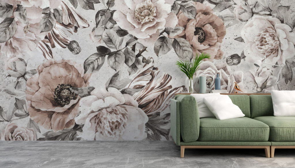 Textured Rose Wallpaper : Blush and Grey Floral Mural