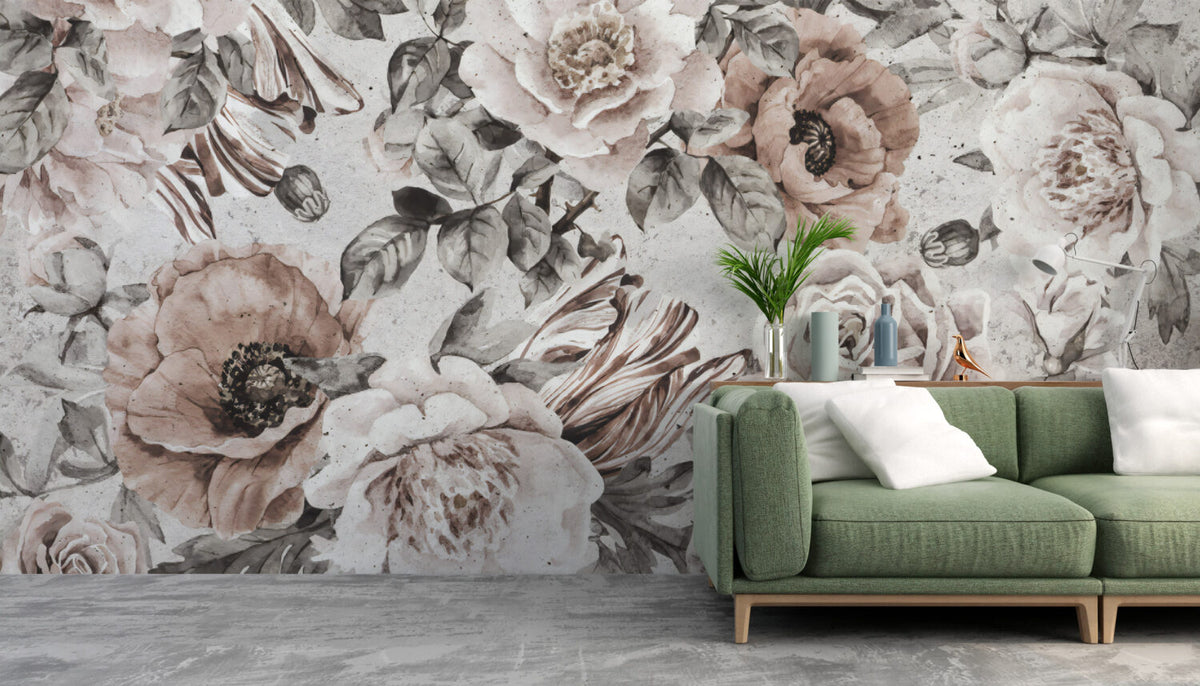 Textured Rose Wallpaper : Blush and Grey Floral Mural