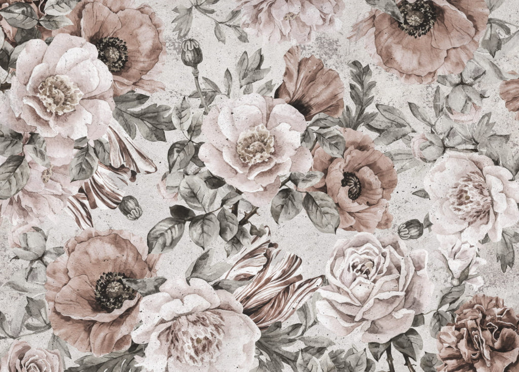 Textured Rose Wallpaper : Blush and Grey Floral Mural - flat design