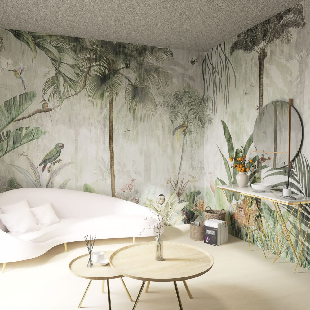 Faded Tropical Jungle Wallpaper : Misty Palms and Birds Mural