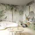 Faded Tropical Jungle Wallpaper : Misty Palms and Birds Mural