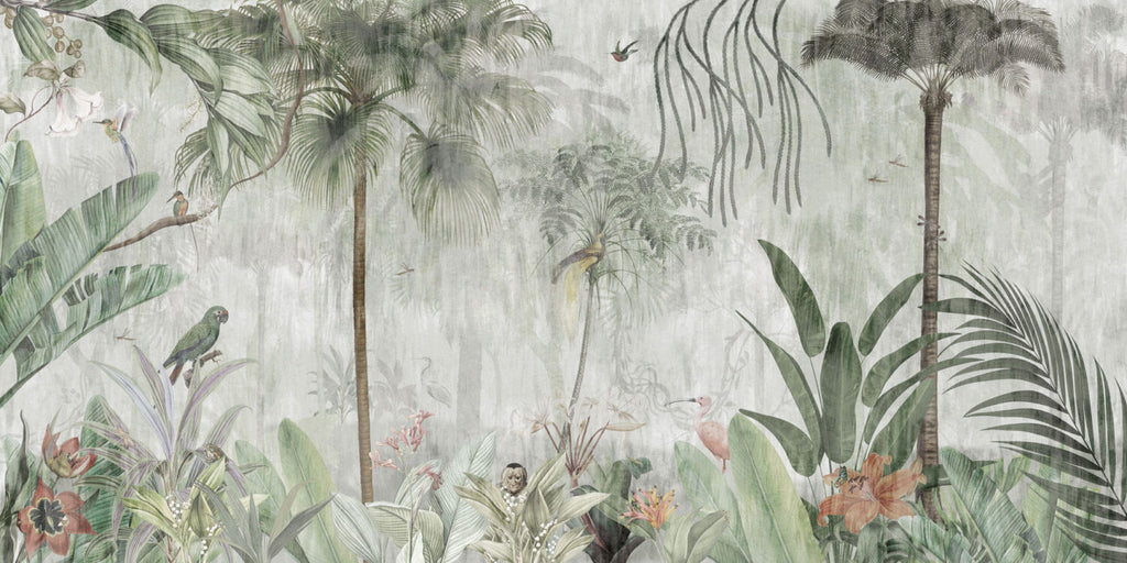 Faded Tropical Jungle Wallpaper : Misty Palms and Birds Mural - flat design