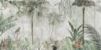 Faded Tropical Jungle Wallpaper : Misty Palms and Birds Mural - flat design