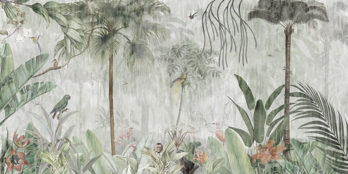 Faded Tropical Jungle Wallpaper : Misty Palms and Birds Mural - flat design