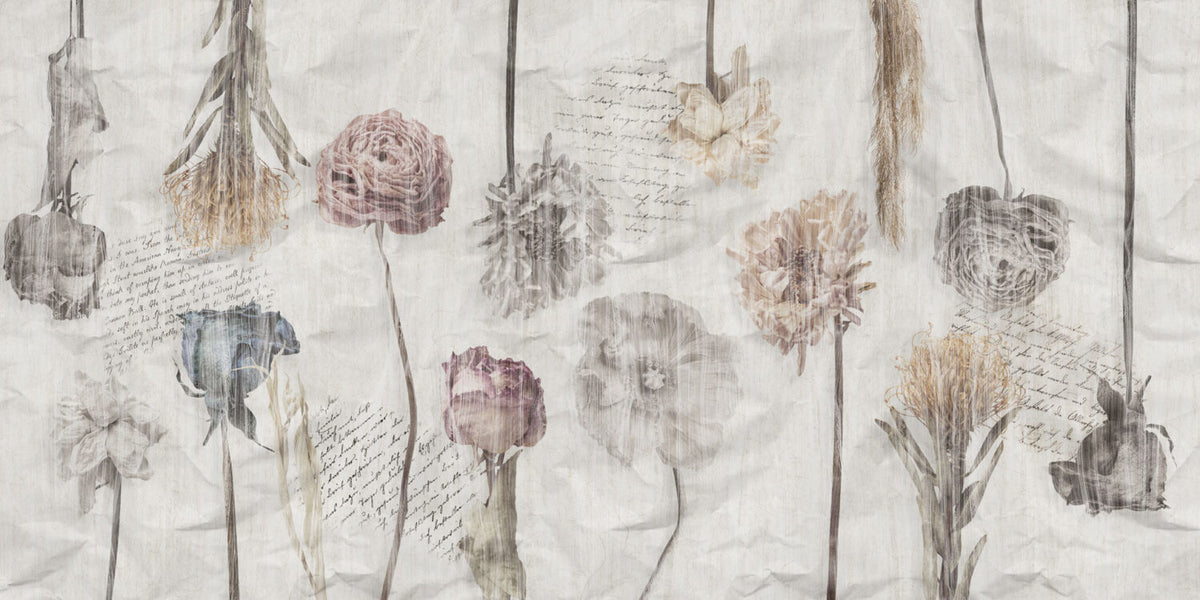 Vintage Paper Floral Wallpaper : Faded Flowers and Script Mural - flat design