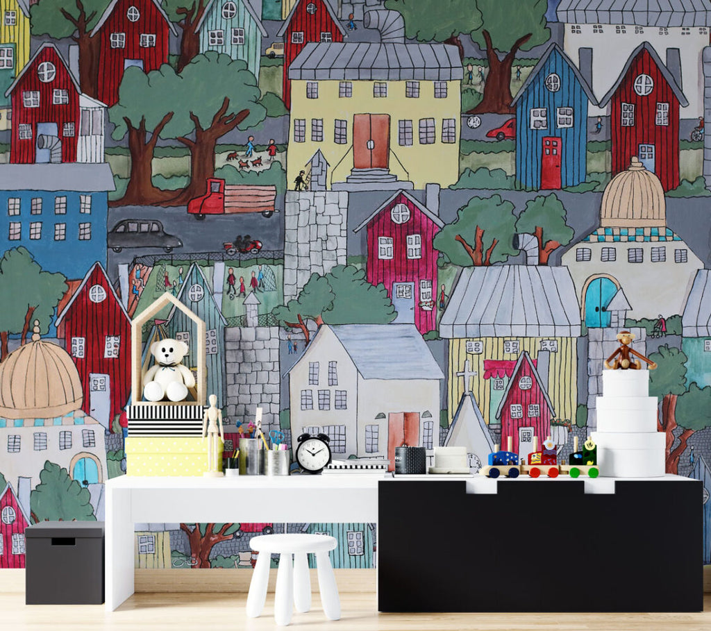 Neighbourhood Houses Wallpaper : Colorful Kids Town Mural