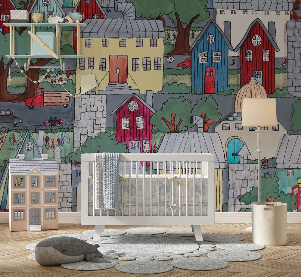 Neighbourhood Houses Wallpaper : Colorful Kids Town Mural - View 2
