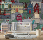 Neighbourhood Houses Wallpaper : Colorful Kids Town Mural - View 2