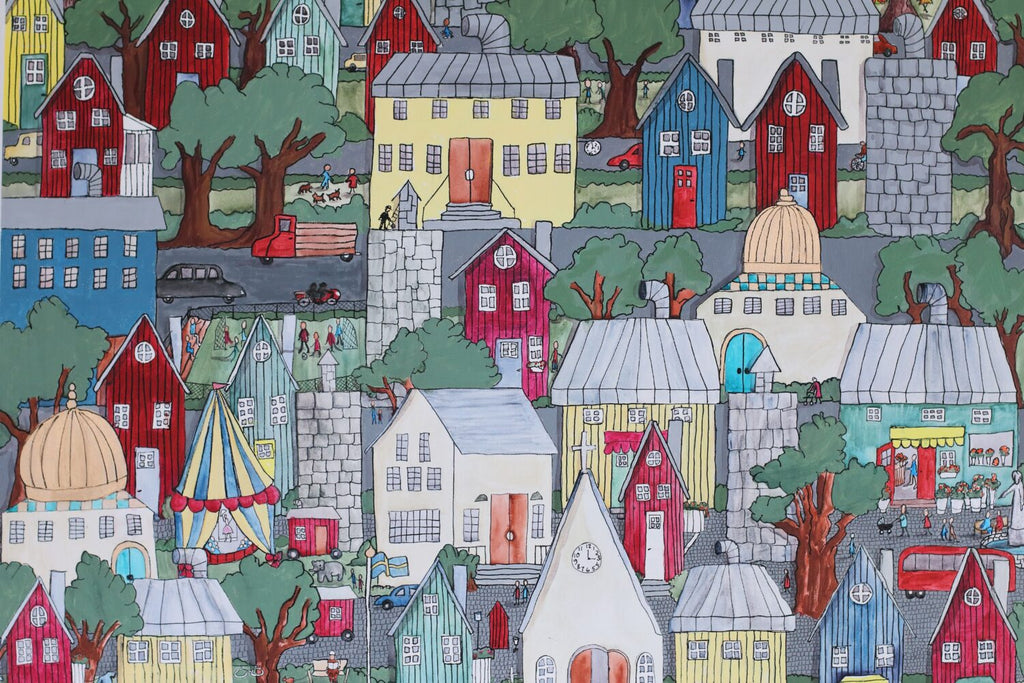 Neighbourhood Houses Wallpaper : Colorful Kids Town Mural - flat design
