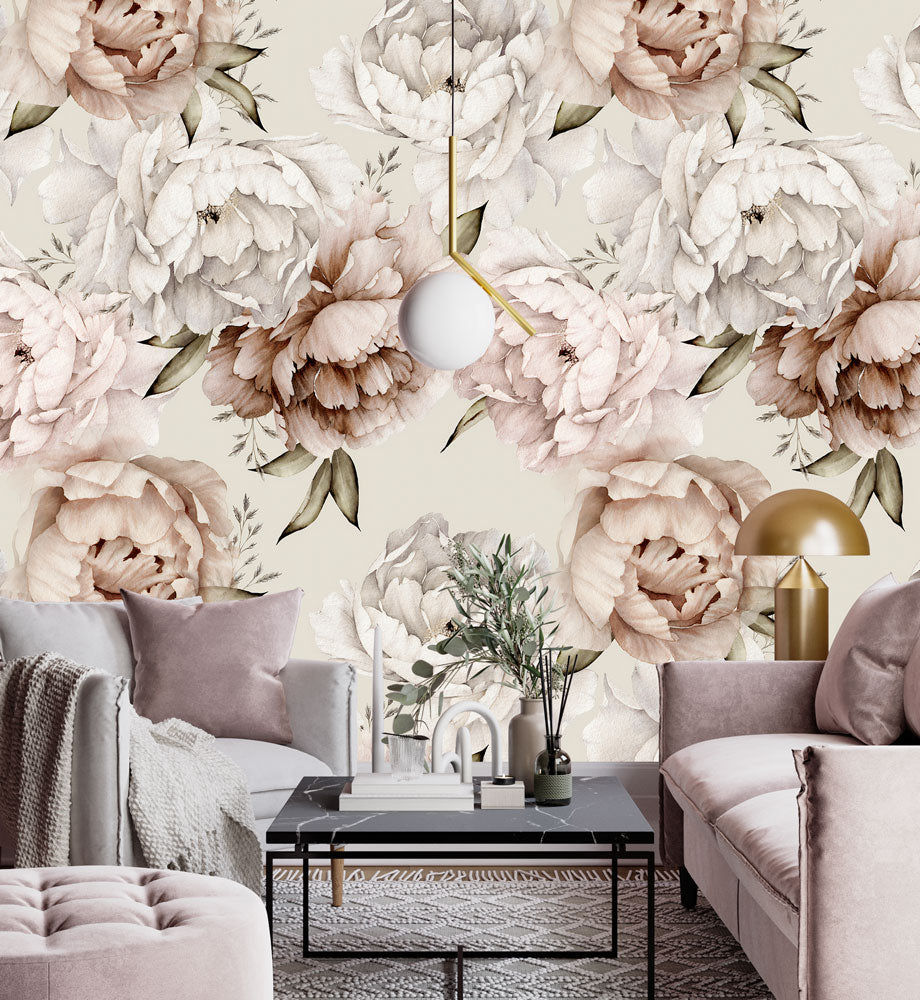 Cream Peony Wallpaper : Soft Blush Watercolor Flowers Mural