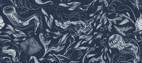 Navy Ocean Life Wallpaper : Jellyfish and Coral Line Art Mural