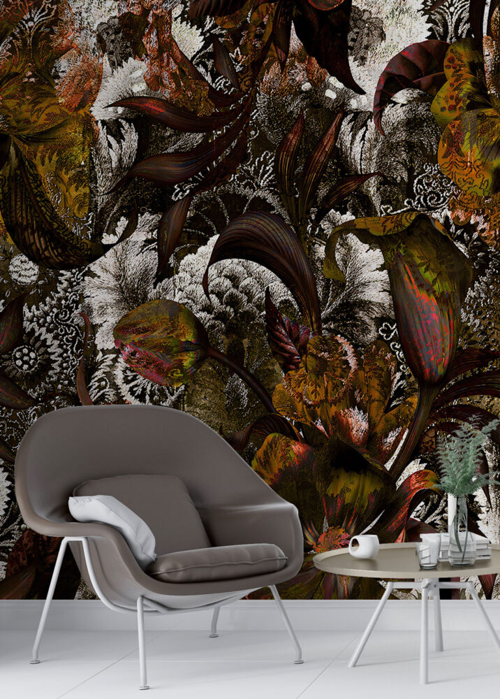 Dark Botanical Wallpaper : Moody Frosted Leaves Mural - View 3