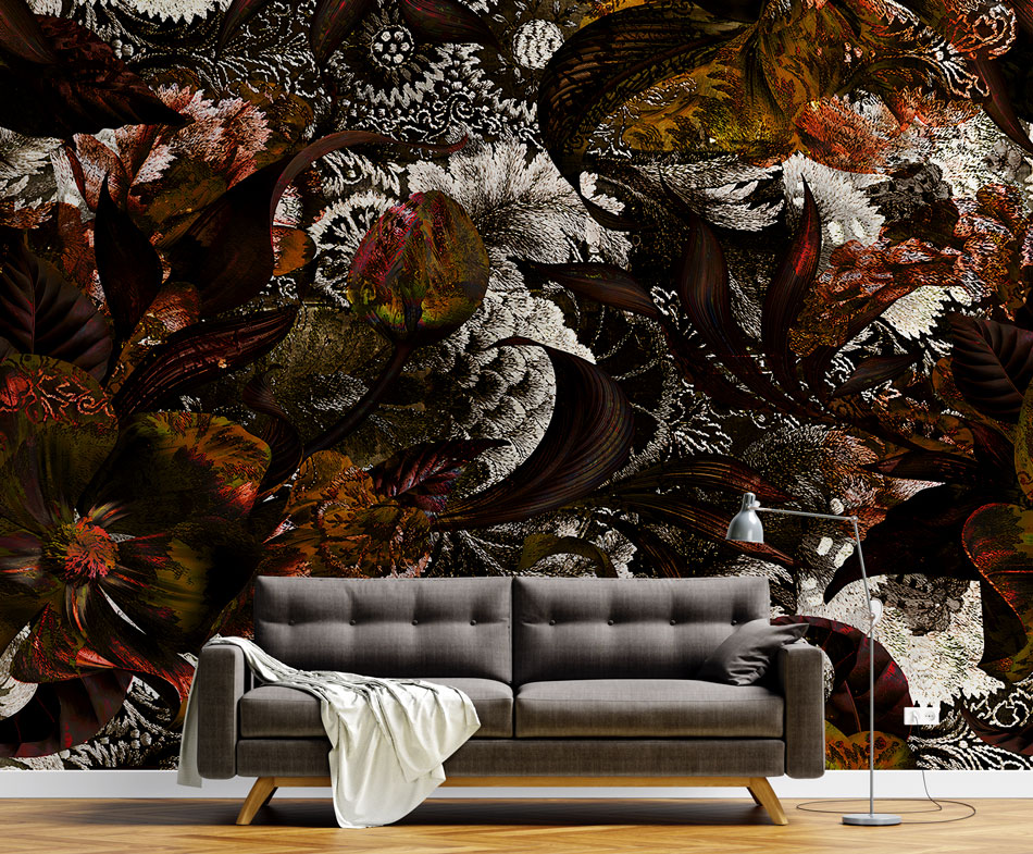 Dark Botanical Wallpaper : Moody Frosted Leaves Mural