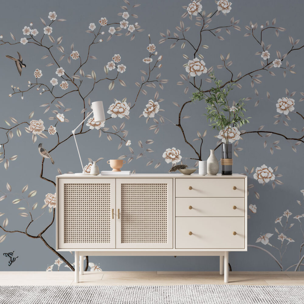 Grey Blossom Branch Wallpaper : Chinoiserie White Peony Mural