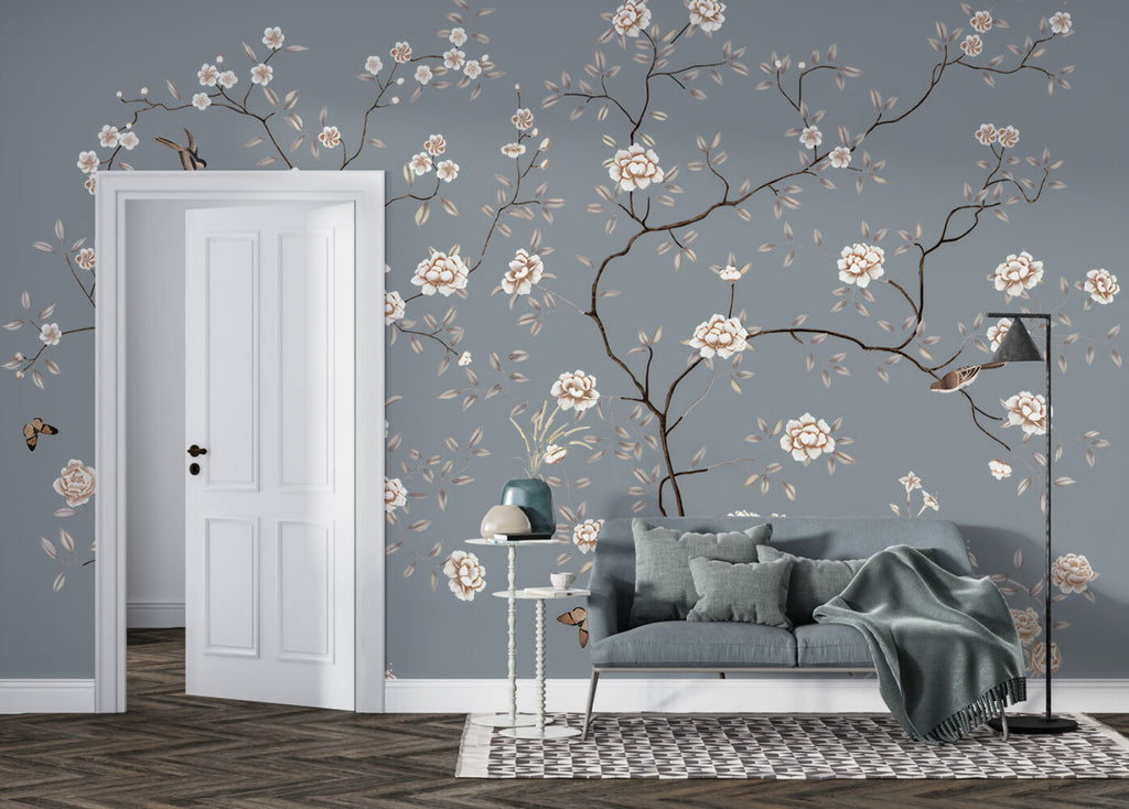 Grey Blossom Branch Wallpaper : Chinoiserie White Peony Mural - View 2
